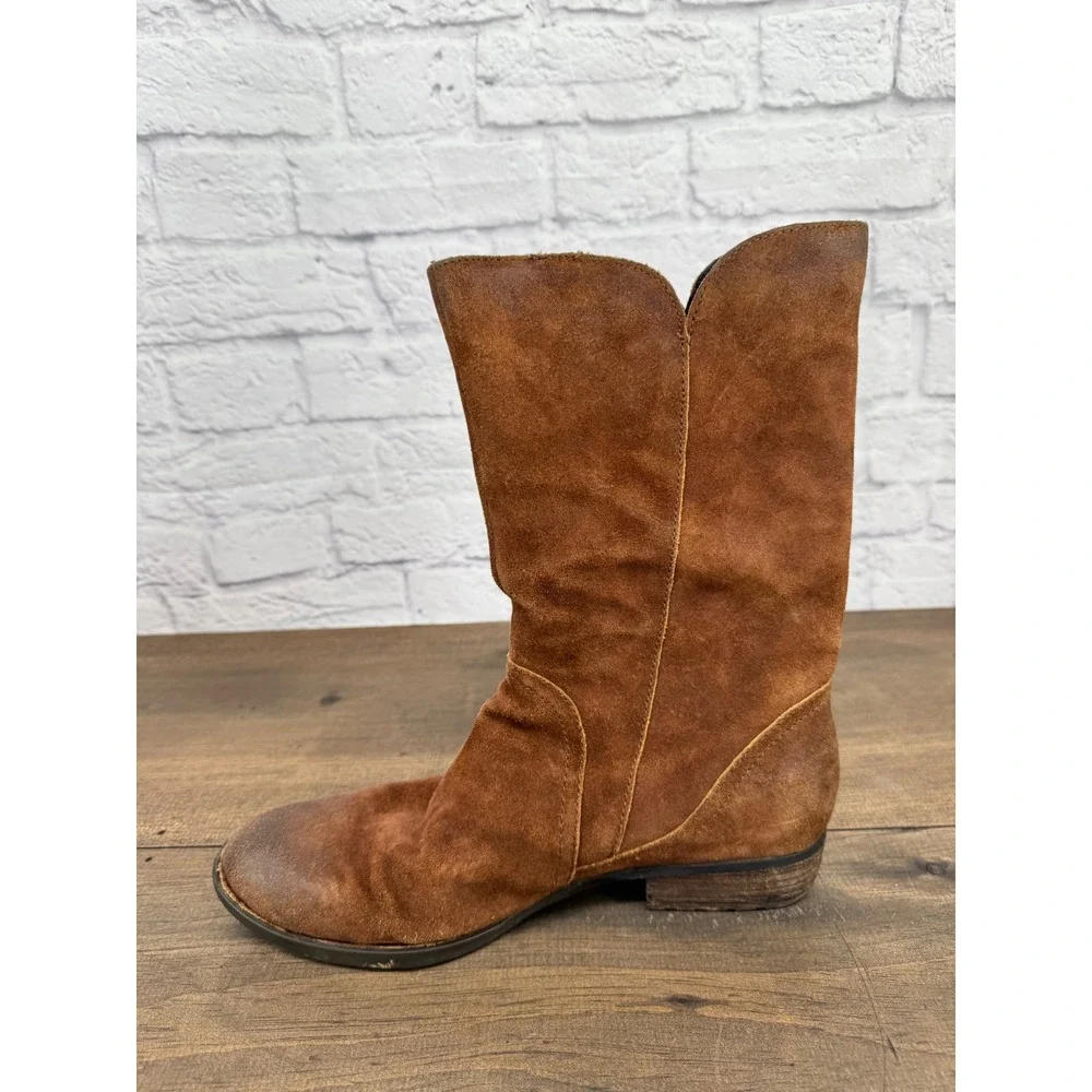 Born Brown Suede Mid Calf Boots Women's 10M Side Zip Leather Boho Rustic Moto